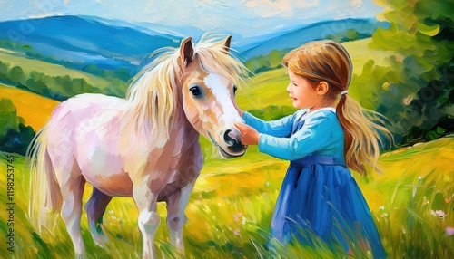 Idyllic Scene Little Girl and Best Friend Pony Grazing in Peaceful Countryside at Sunset photo