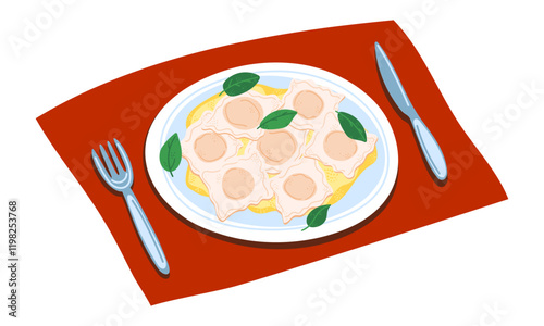 Ravioli with a creamy sauce and basil. Illustration for culinary blogs, recipe books, menus, or Italian food promotions. Vector illustration