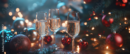 Celebratory Toast with Sparkling Champagne Glasses Against a Festive Background of Christmas Decorations and Lights