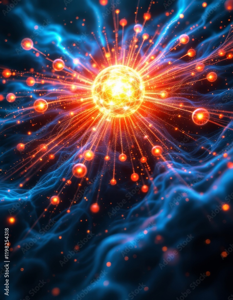 Obraz premium Abstract Depiction of Higgs Boson Interaction with Particles in a Luminous Matrix