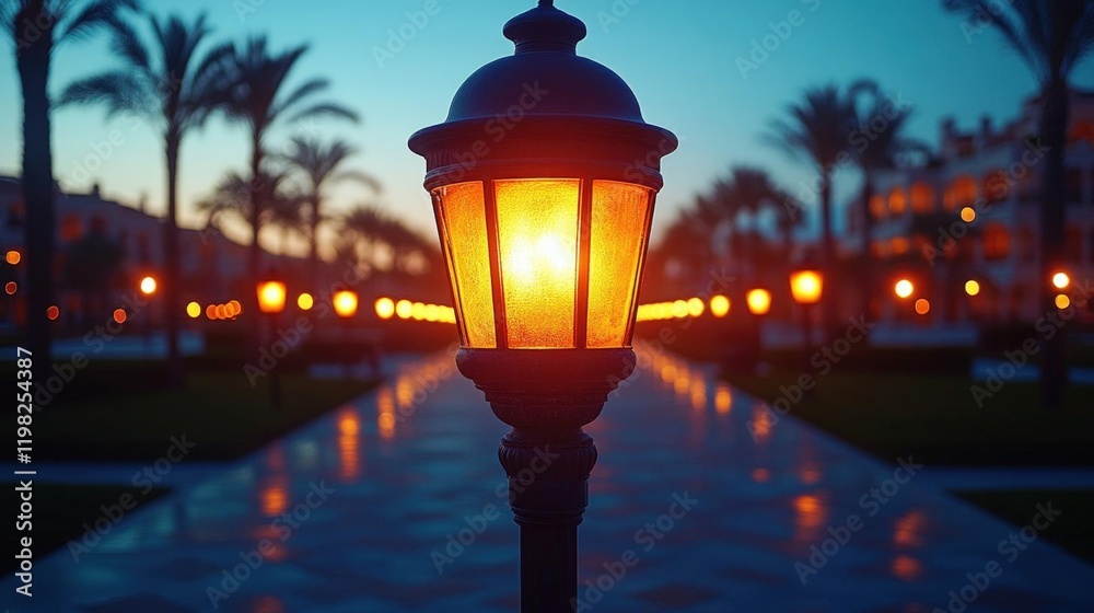 Warm Glow of a Lamp Illuminating a Pathway Through a Tropical Resort at Night