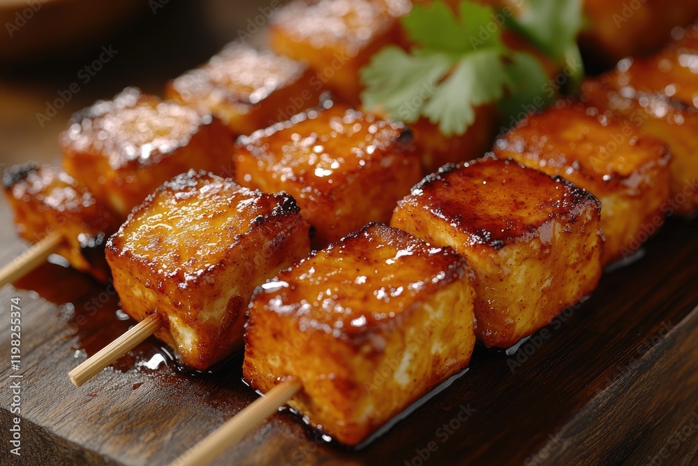 Grilled paneer skewers, glazed with a sweet and savory sauce, garnished with fresh cilantro. Grilled paneer skewers, glazed with a sweet and savory sauce, garnished with fresh cilantro.
