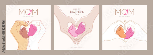 Happy mother's day clipart poster set design. Mom holding baby feet with heart shape hands clip art in hand drawn outline symbol collection in white background. Vector illustration mother's day 