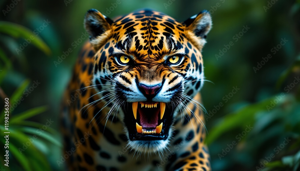 Fototapeta premium Magnificent Jaguar Roaring in the Jungle