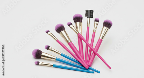 Makeup Brushes Set Pink Blue Cosmetic Tools Beauty Accessories Flatlay