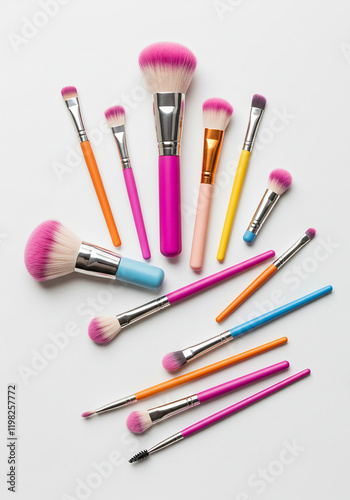 Colorful Makeup Brushes Cosmetic Tools Beauty Accessories Flat Lay