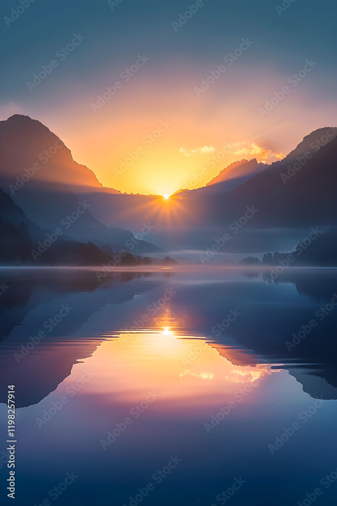 Fototapeta premium Breathtaking Sunrise Over Serene Mountainous Landscape With Reflected Lake