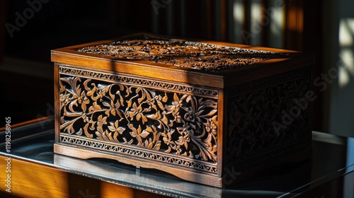 Intricate Carved Wooden Box in Sunlight photo