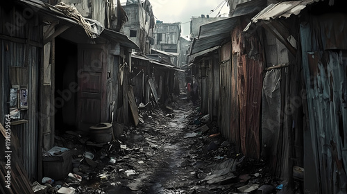 Rundown shantytown houses with corrugated iron roofs and makeshift walls made of scavenged materials line a narrow, trash-filled alleyway in a filipino slum. Goldenbark. Illustration photo