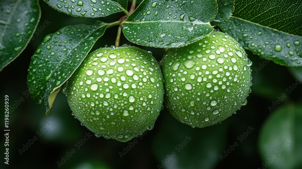 Dew-covered limes, orchard, rain, closeup, freshness
