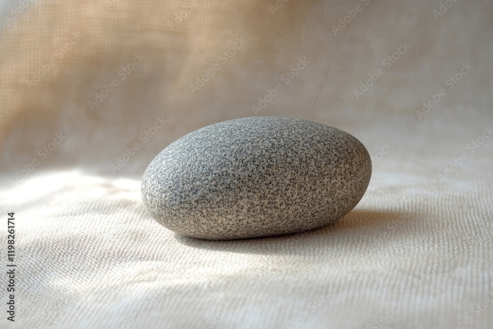 A smooth, speckled grey stone rests on a beige linen surface, bathed in soft light. A smooth, speckled grey stone rests on a beige linen surface, bathed in soft light.