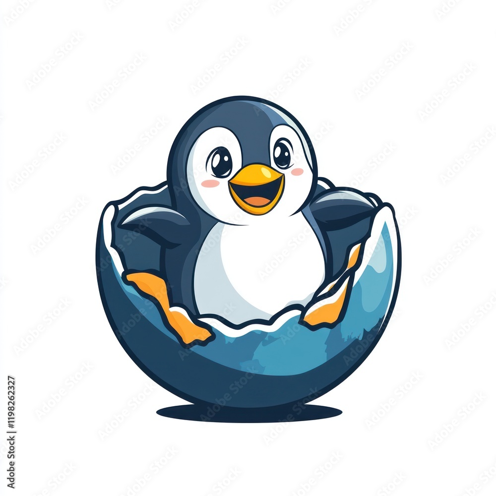 Obraz premium Cartoon penguin hatching from egg on white background for use as icon, or children's illustration