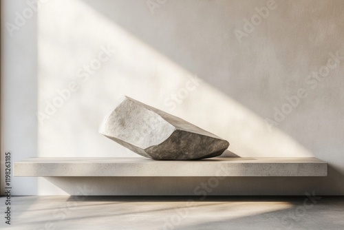 A rough-hewn stone sculpture rests on a minimalist shelf, bathed in sunlight. photo