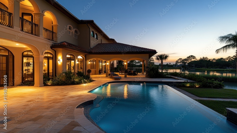 Luxury Waterfront Mansion at Dusk Luxury Waterfront Mansion at Dusk