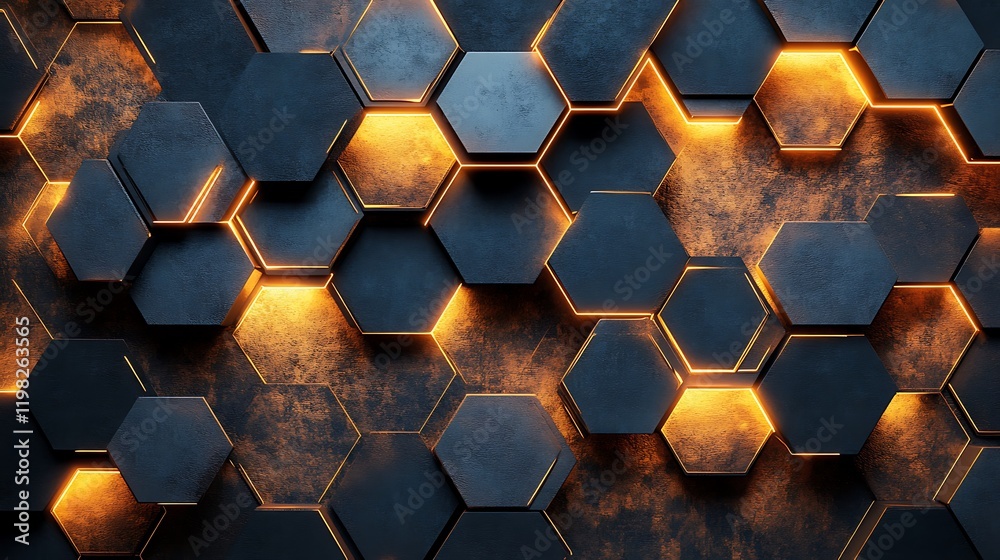 Dynamic hexagonal patterns illuminated with golden light abstract art Dynamic hexagonal patterns illuminated with golden light abstract art