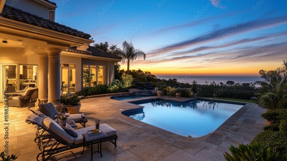 Fototapeta premium Luxury Oceanview Estate: Sunset Serenity