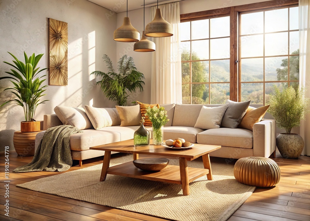 Japandi Boho Living Room: Rustic Coffee Table & Beige Sofa Japandi Boho Living Room: Rustic Coffee Table & Beige Sofa
