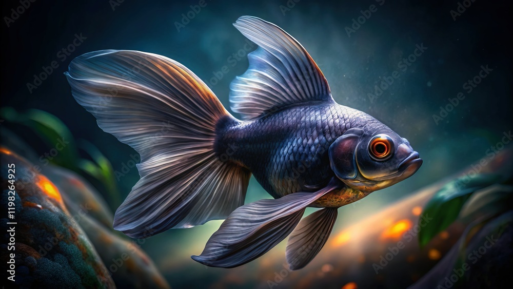 Fototapeta premium Long Exposure Black Moor Goldfish in Freshwater Aquarium - Serene Underwater Scene