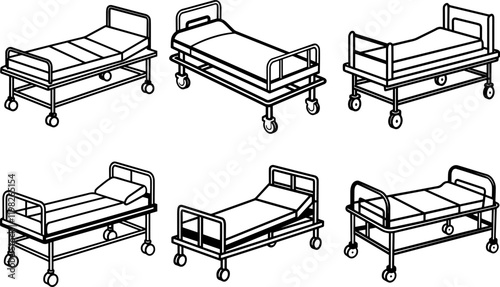 A set of Black Line Art of a hospital bed -Vector Illustration