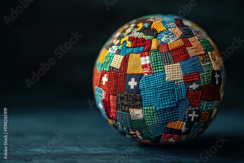 Global unity fabric sphere, dark background, international collaboration concept