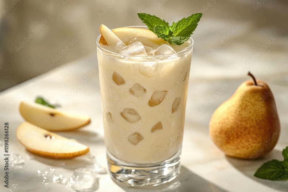 Refreshing pear smoothie with ice and mint, perfect summer drink. Refreshing pear smoothie with ice and mint, perfect summer drink.