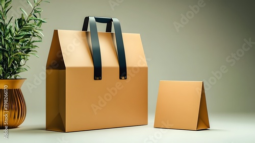 Gold shopping bags and a plant in a gold pot photo