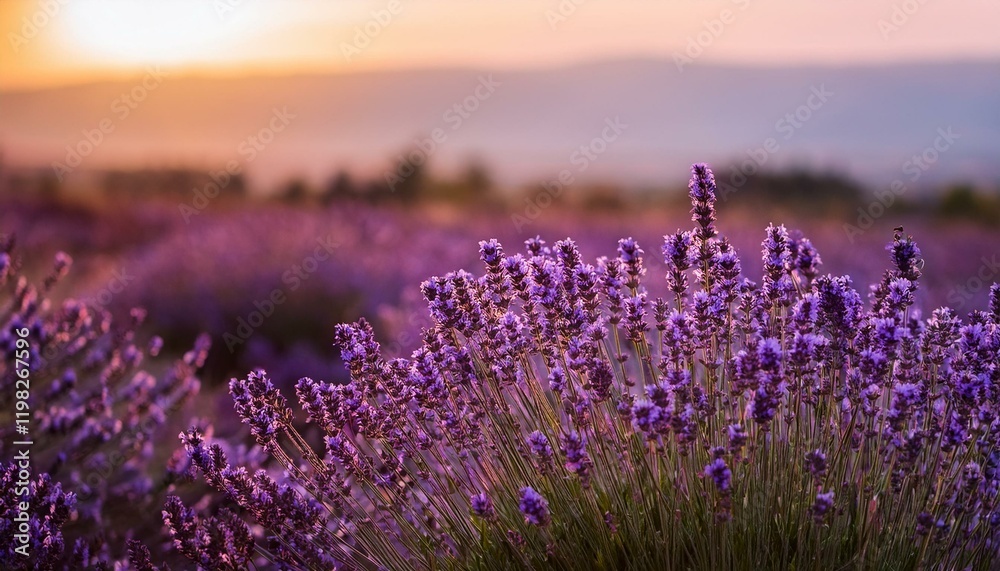 Obraz premium Sunset over a field of lavender. Beautiful purple flowers.