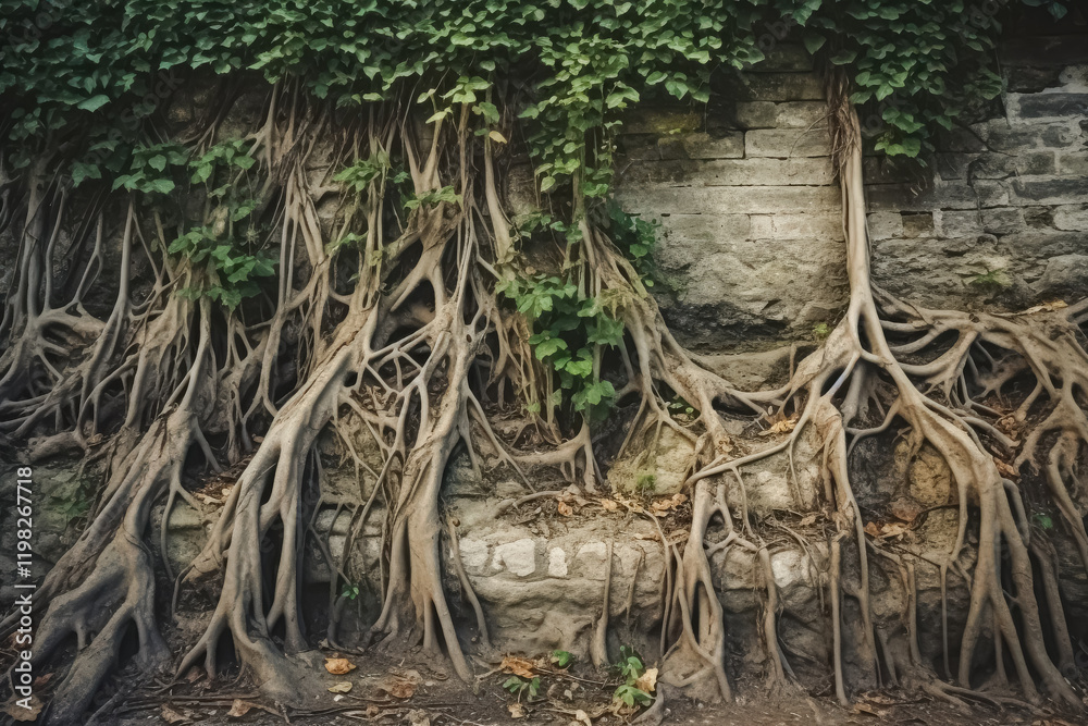 Wall covered in vines and roots. The vines are green and the roots are brown. The wall is made of stone Wall covered in vines and roots. The vines are green and the roots are brown. The wall is made of stone