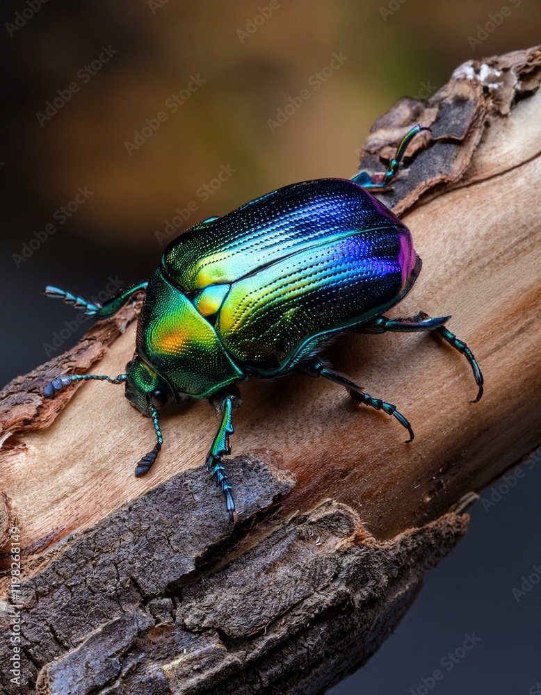 Naklejka premium Vibrant Jewel Scarab Beetle on Wood