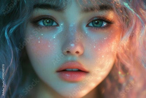 digital art of ethereal k-pop inspired character with pastel hair, starry eyes, soft gradient background, anime aesthetics photo