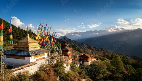 Serene mountaintop temple with colorful prayer flags.