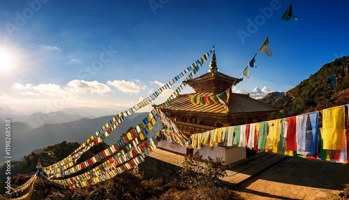 Serene mountaintop temple with colorful prayer flags.