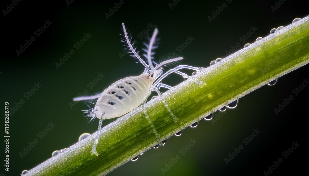 Naklejka premium Macro shot of a tiny insect on a dewy green stem.