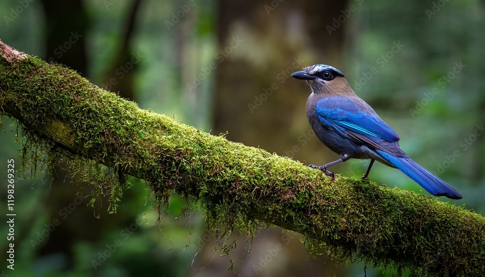 Vibrant blue bird perched on a moss-covered branch. Vibrant blue bird perched on a moss-covered branch.