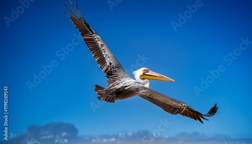 Brown pelican in flight against a vibrant blue sky.