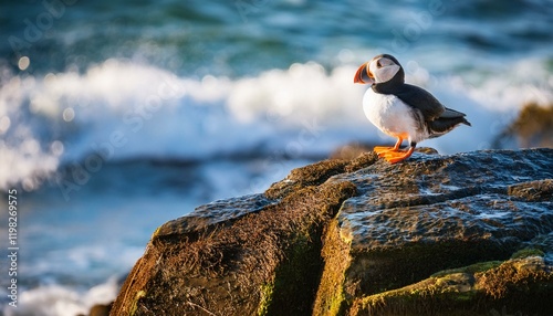 Puffin perched on a rock by the ocean.
