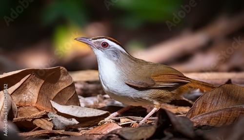 A small brown bird with a white throat perches amidst fallen leaves. photo