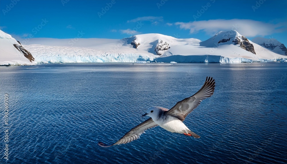 Fototapeta premium A bird in flight over a glacial landscape.