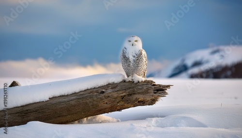 Majestic snowy owl perched on a snow-covered log in a serene winter landscape.