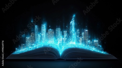 Pop-up book with a digital illustration of a hologram of a modern city