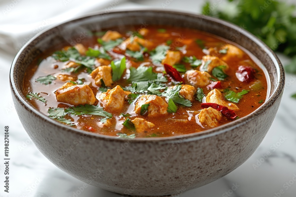 Spicy chicken stew in a bowl, garnished with cilantro and chili flakes. Spicy chicken stew in a bowl, garnished with cilantro and chili flakes.