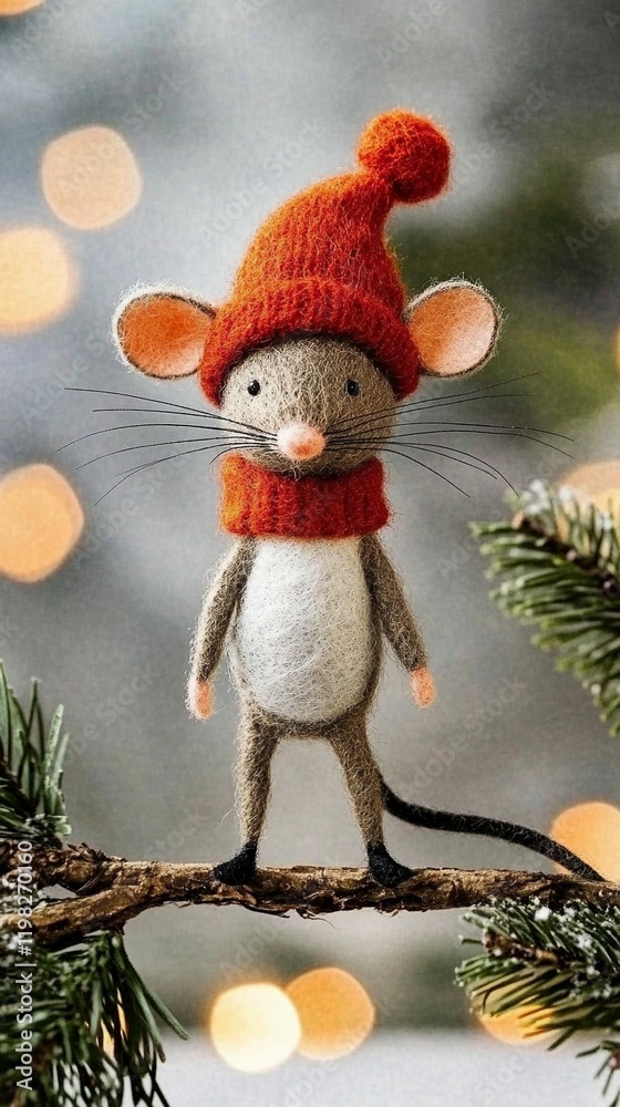 Obraz premium Funny toy wool mouse is on a Christmas tree
