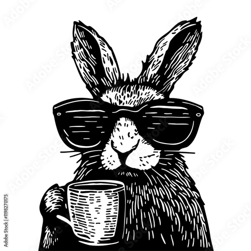 cool rabbit with a coffee cup sketch