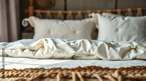 Cozy and Serene Bedroom Interior: Soft Linen Bedding and Knitted Blanket. Peaceful and Relaxing Atmosphere for Restful Sleep