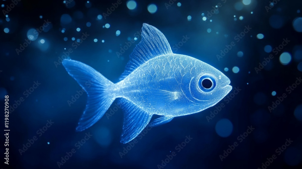 Glowing blue fish swims in dark water. Mystical, surreal underwater scene. Glowing blue fish swims in dark water. Mystical, surreal underwater scene.