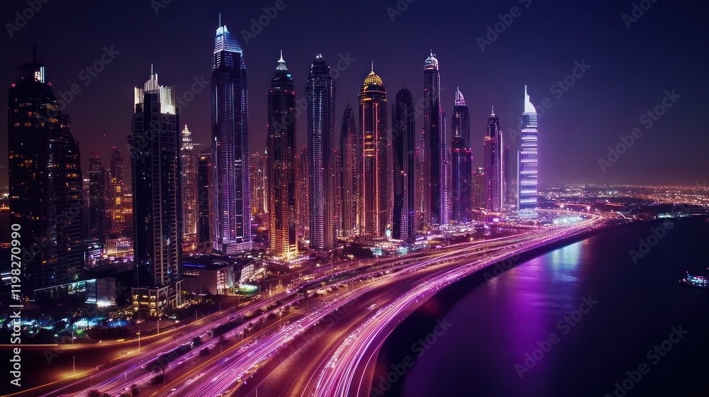 Naklejka premium Dubai Marina Skyline Night Aerial View: Breathtaking illuminated skyscrapers, vibrant city lights, and a captivating coastal highway at night.