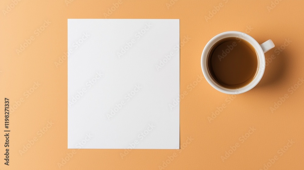 Minimalist workspace with coffee and blank paper Minimalist workspace with coffee and blank paper