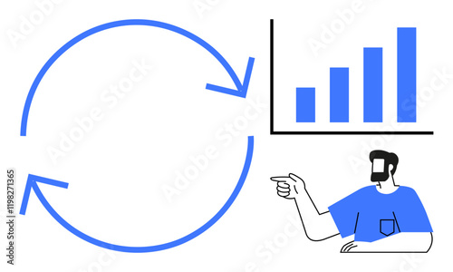 Large blue circular arrow implying continuous process, person in blue shirt pointing at ascending bar chart. Ideal for business growth, progress, improvement, cycle of success, presentations