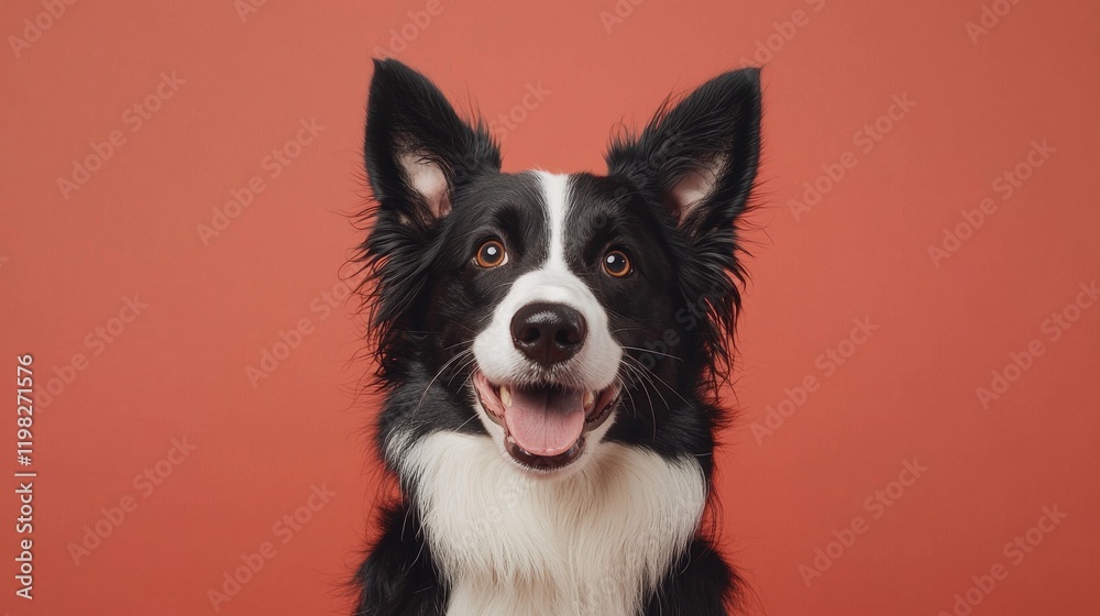 Fototapeta premium Happy Border Collie with Bright Expression Against Red Background