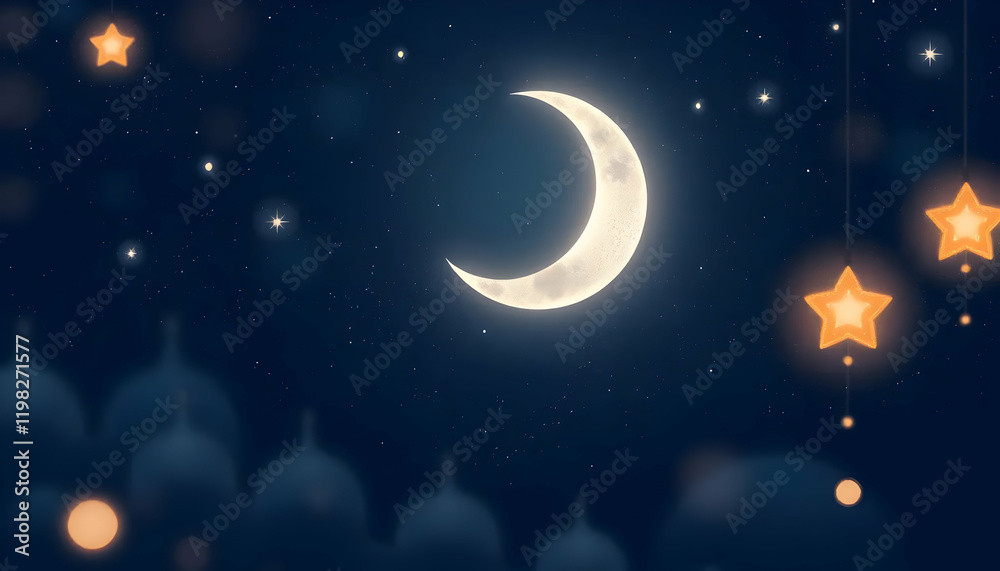 Fototapeta premium A Serene Night Sky with a Glowing Moon and Bright Stars Surrounded by Dreamy Lanterns